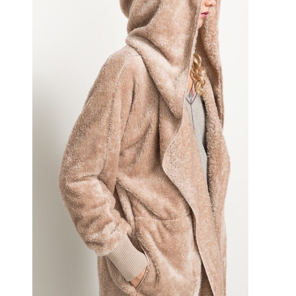 Taupe faux fur plush hooded jacket - Picture 5 of 5
